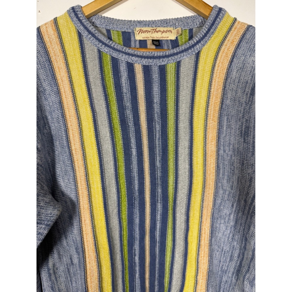 Norm Thompson Mens Medium Striped Crewneck Sweater Blue Green Yellow Made Canada